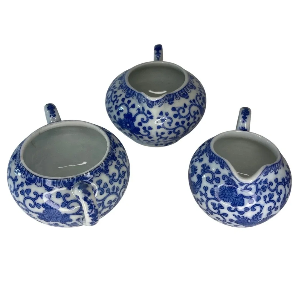 Vintage Blue‎ White Flying Phoenix Porcelain Creamer Sugar Set Japan 3 Piece